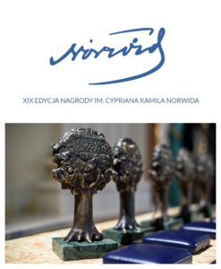 Logotyp XIX edycji Nagrody im. Cypriana Kamila Norwida i zdjęcie statuetek